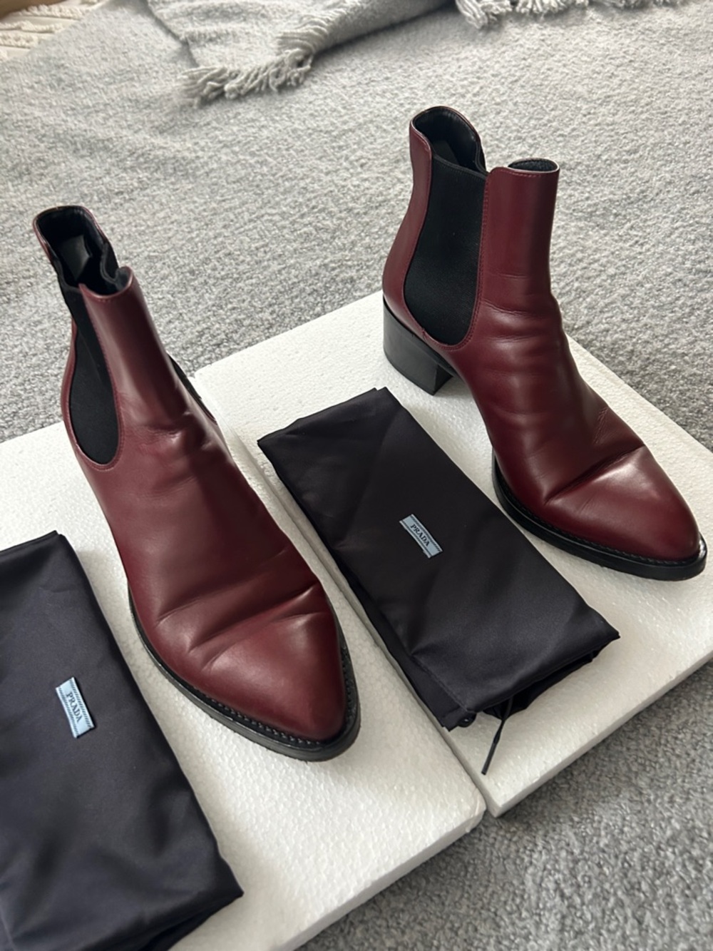 Prada Burgundy Leather Chelsea Boots with Black Elastic